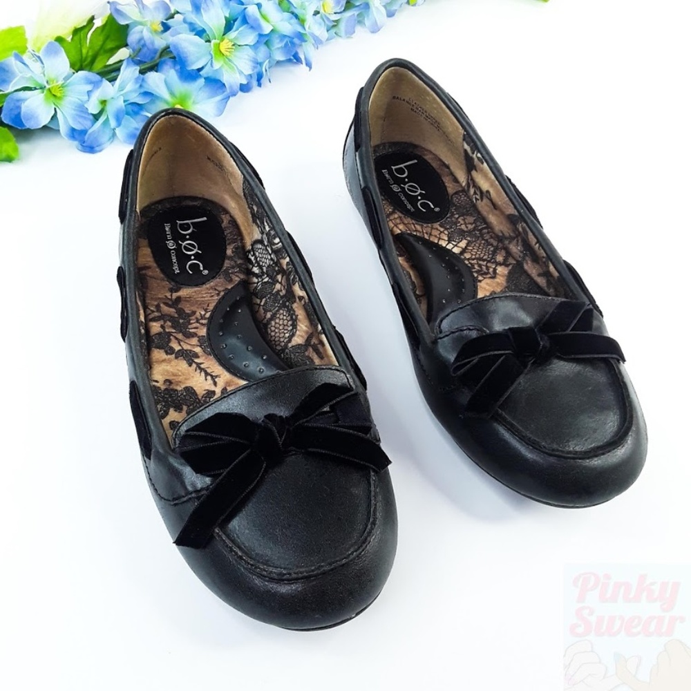 BOC Black Leather Velvet Bow Slip On Flats Size 6